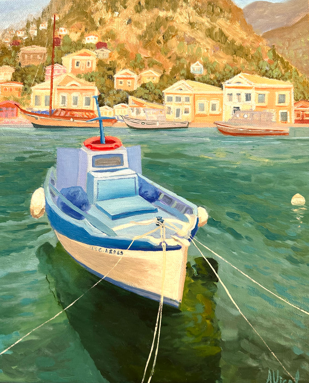 Little Boat, Island of Symi – Original Oil Painting, Greek Island Seascape