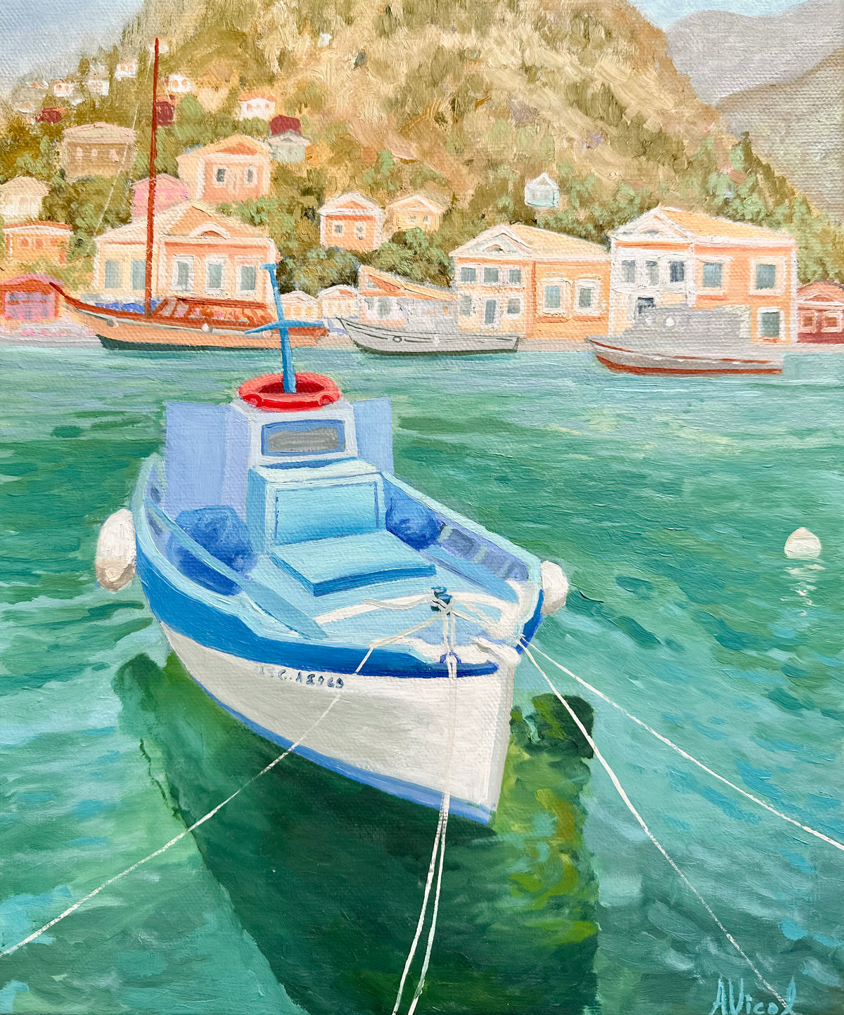 Little Boat, Island of Symi – Original Oil Painting, Greek Island Seascape