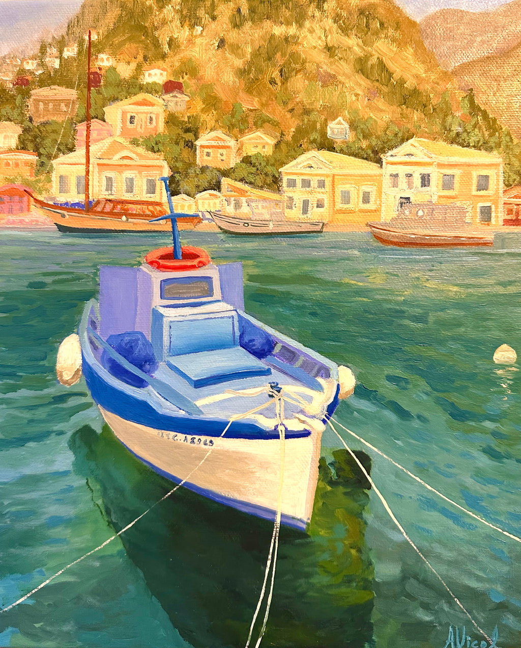 Little Boat, Island of Symi – Original Oil Painting, Greek Island Seascape