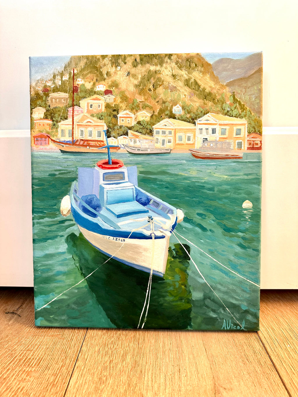Little Boat, Island of Symi – Original Oil Painting, Greek Island Seascape