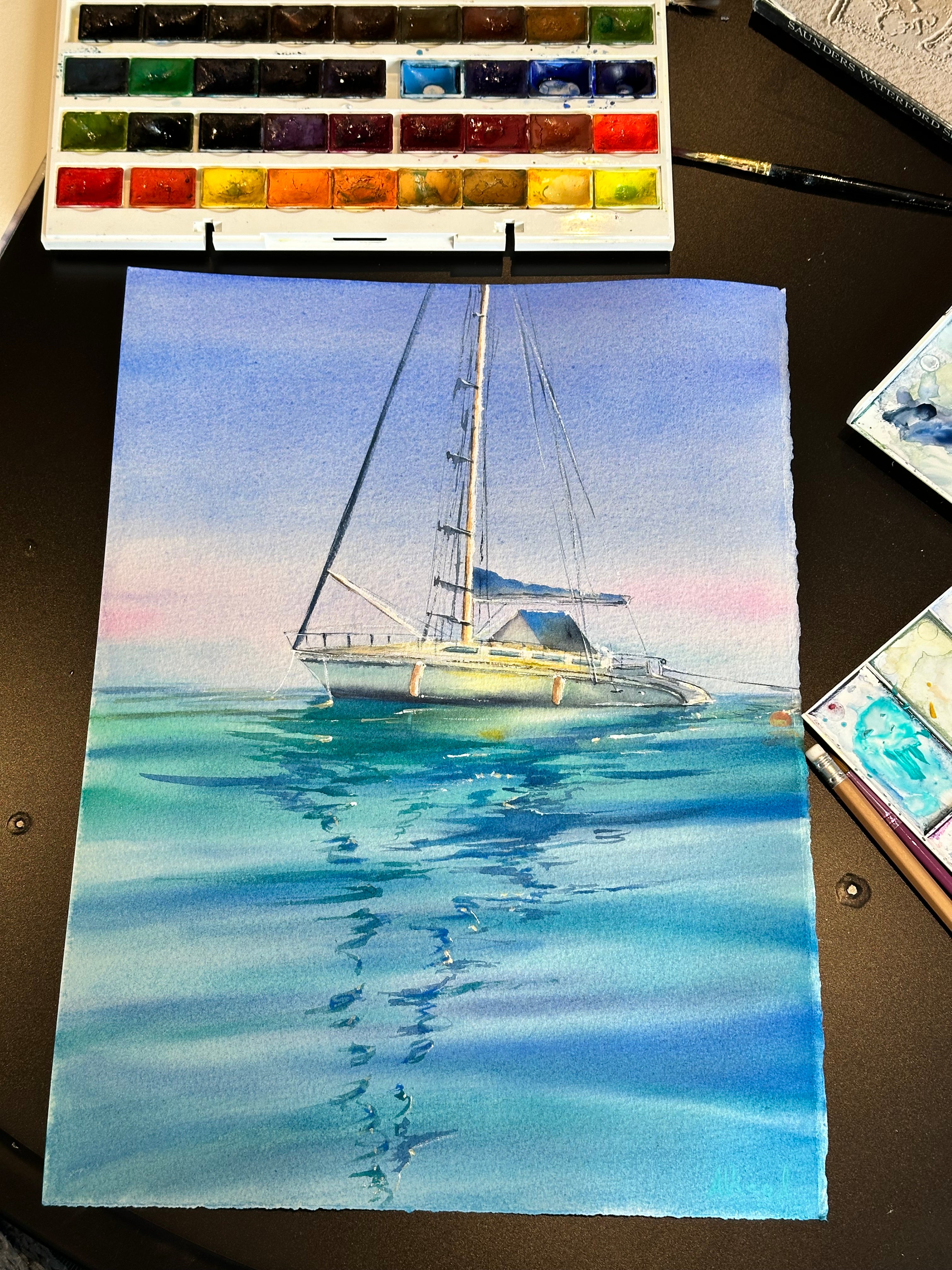 Yacht – Original Watercolour Painting, Mediterranean Seascape