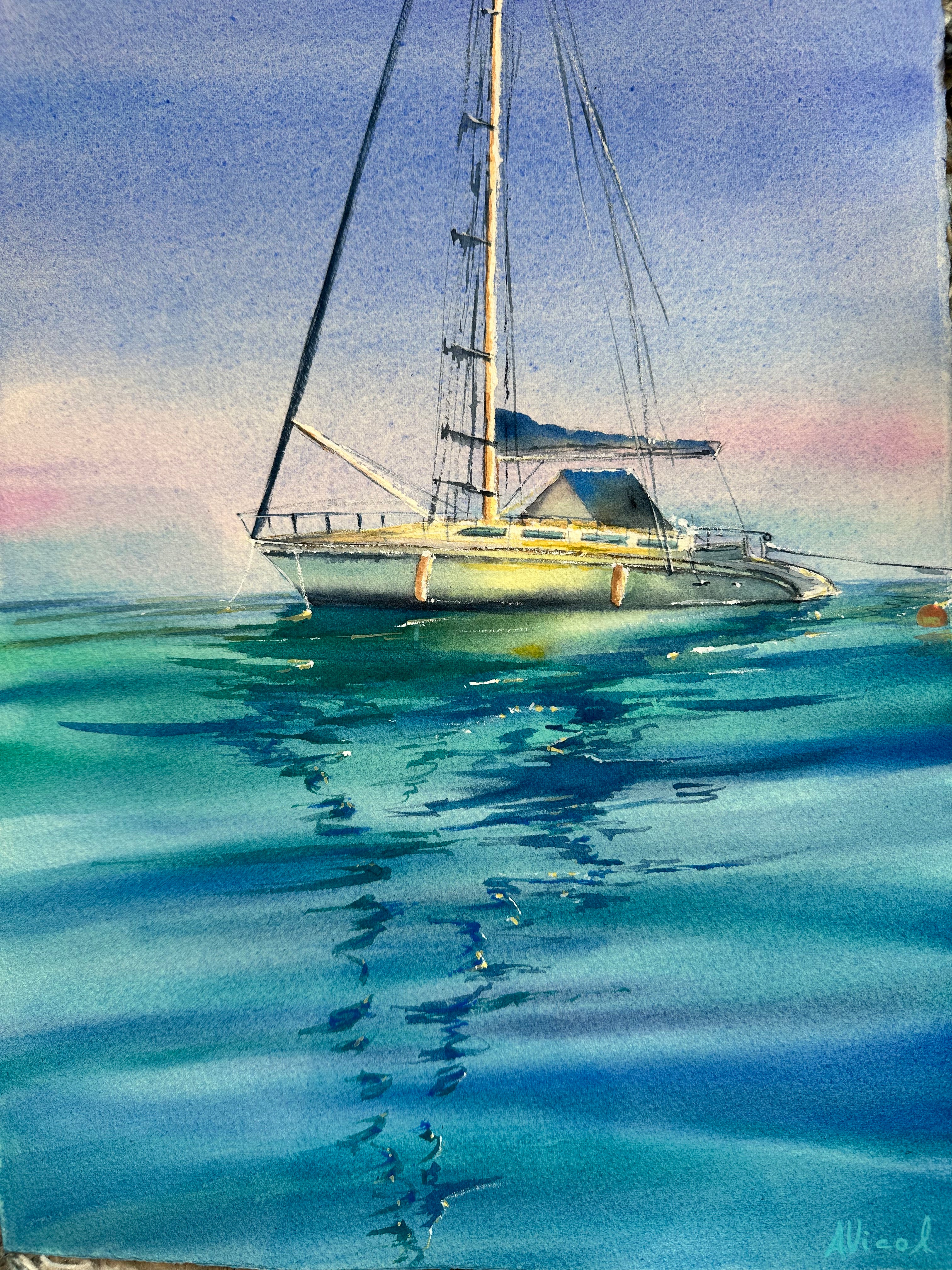 Yacht – Original Watercolour Painting, Mediterranean Seascape
