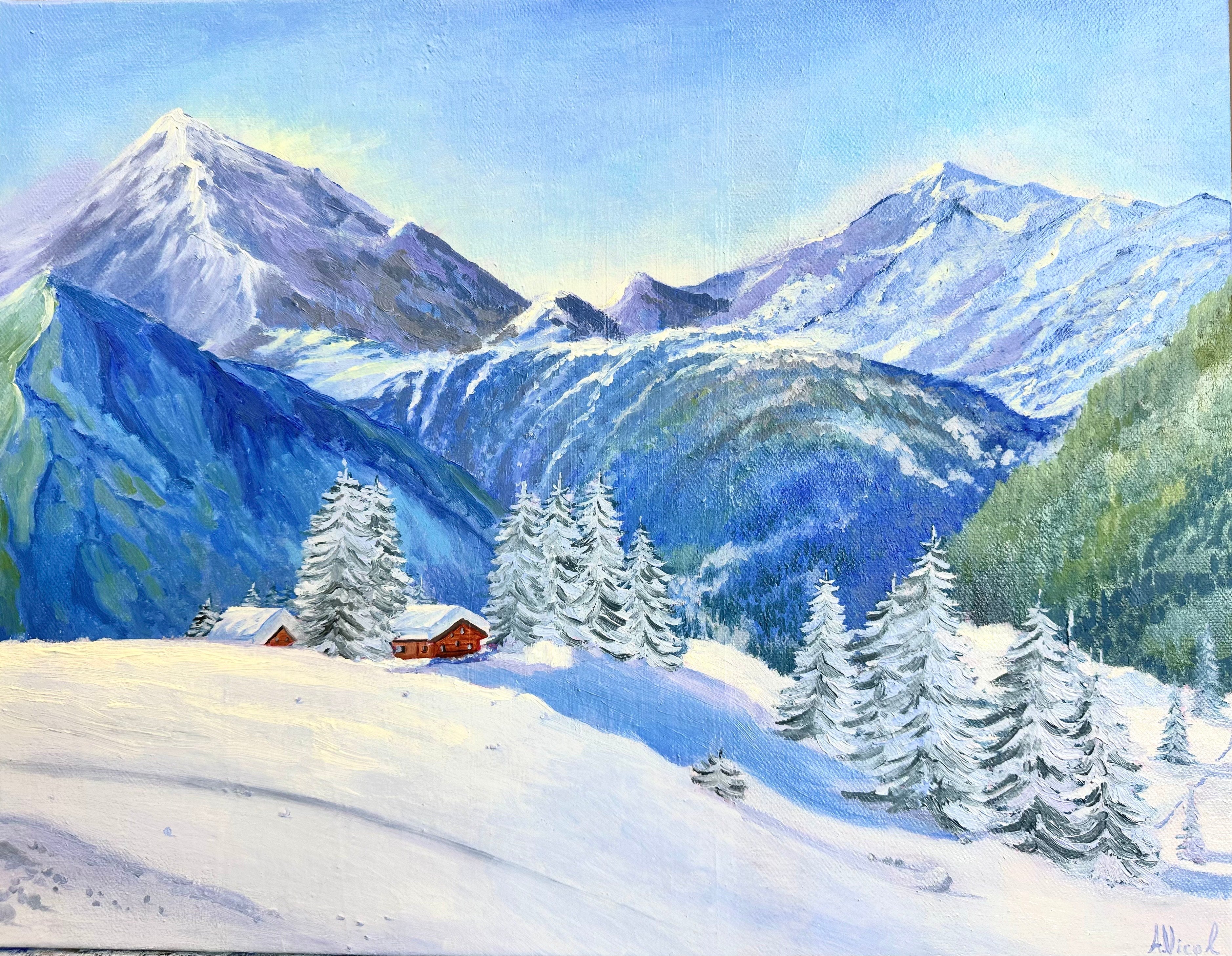 Winter Houses – Original Oil Painting, Winter Landscape